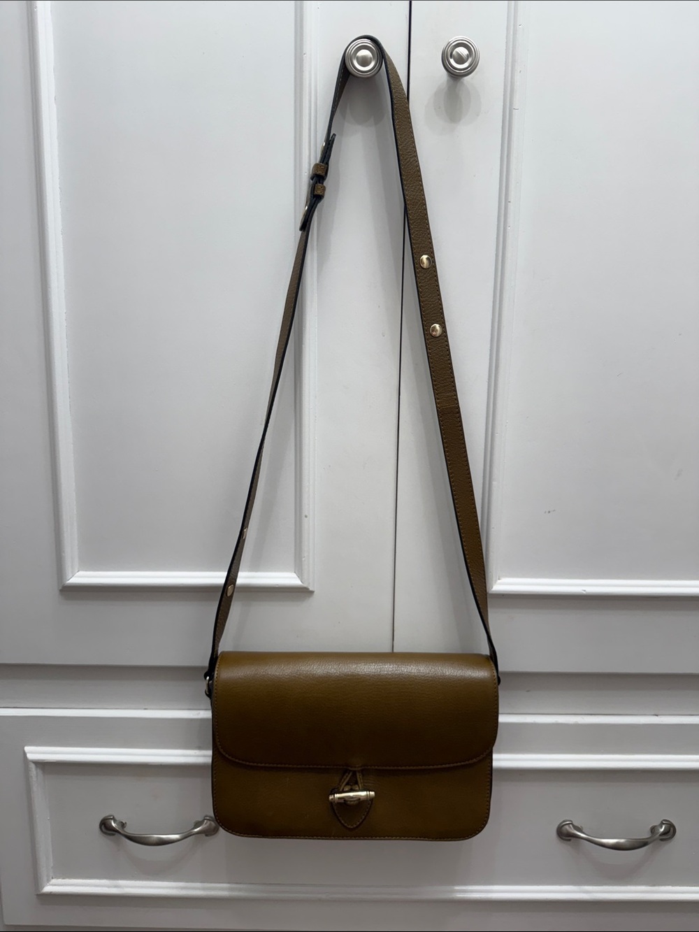 Sezane Olive Green Leather Crossbody with Gold-Tone Clasp